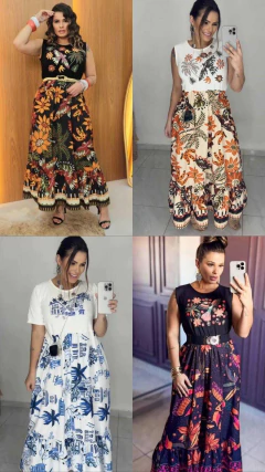 Vestido Longo Estampado em Poliéster com Poliamida – Modelo Sem Manga ou Manga Curta