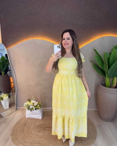 VESTIDO LONGO DECOTE QUADRADO COM BOJO BORDADO FAKE - ELEGÂNCIA E LEVEZA - comprar online