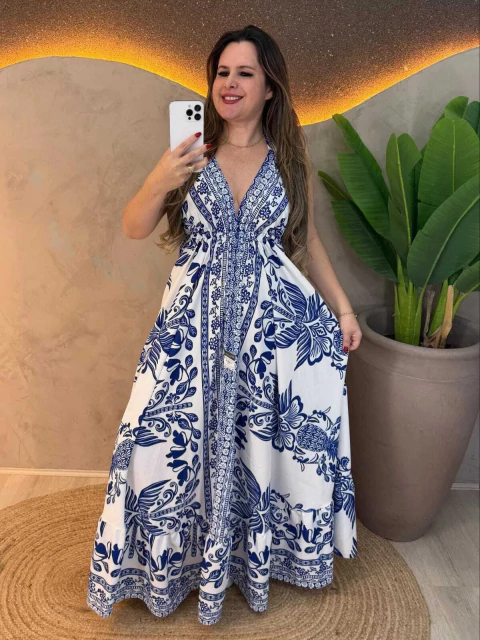 Vestido Longo Estilo Indiano em Poliéster com Elastano