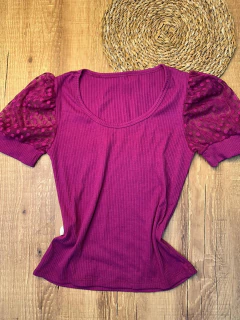 Blusa Canelada em Poliéster com Elastano e Manga Bufante em Tule ✨ - comprar online