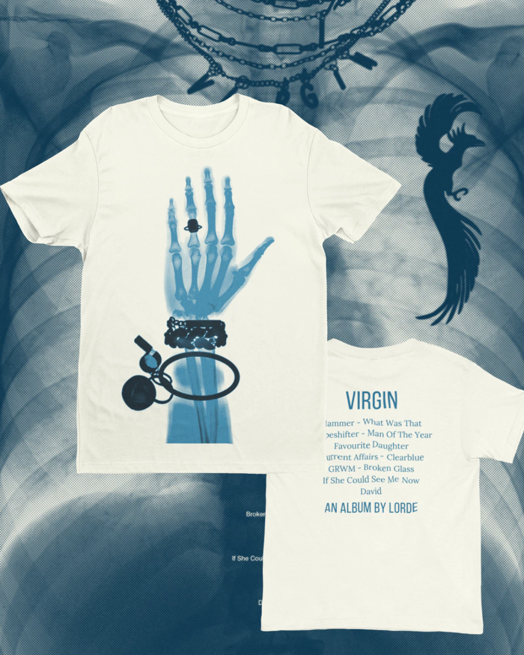 CAMISETA LORDE VIRGIN L4 RAIO-X HANDS INSPIRADA TRACKLIST (100% ALGODÃO)