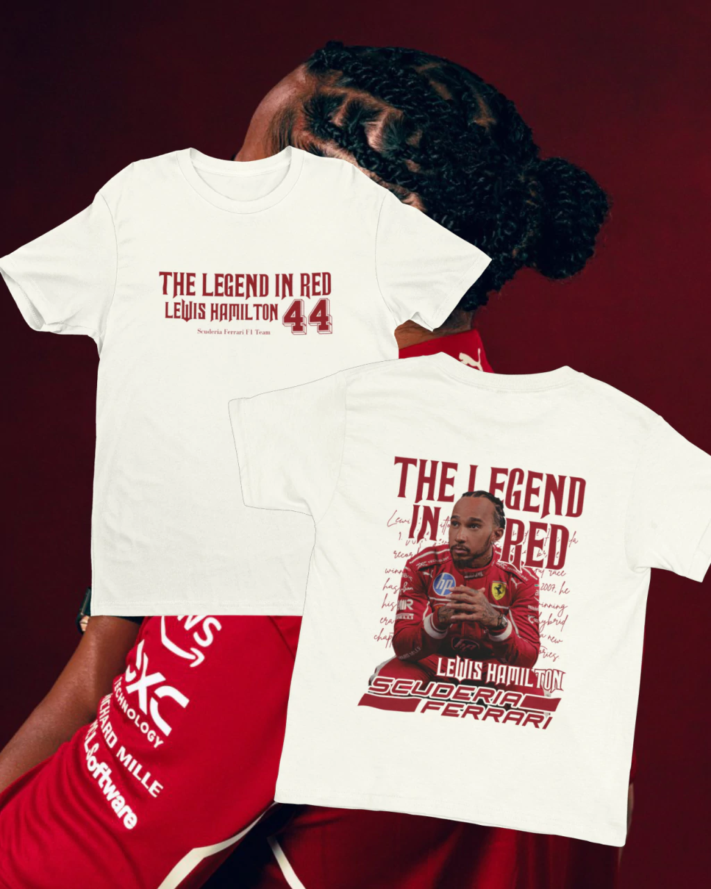 CAMISETA LEWIS HAMILTON LEGEND IN RED FERRARI [ALGODÃO]