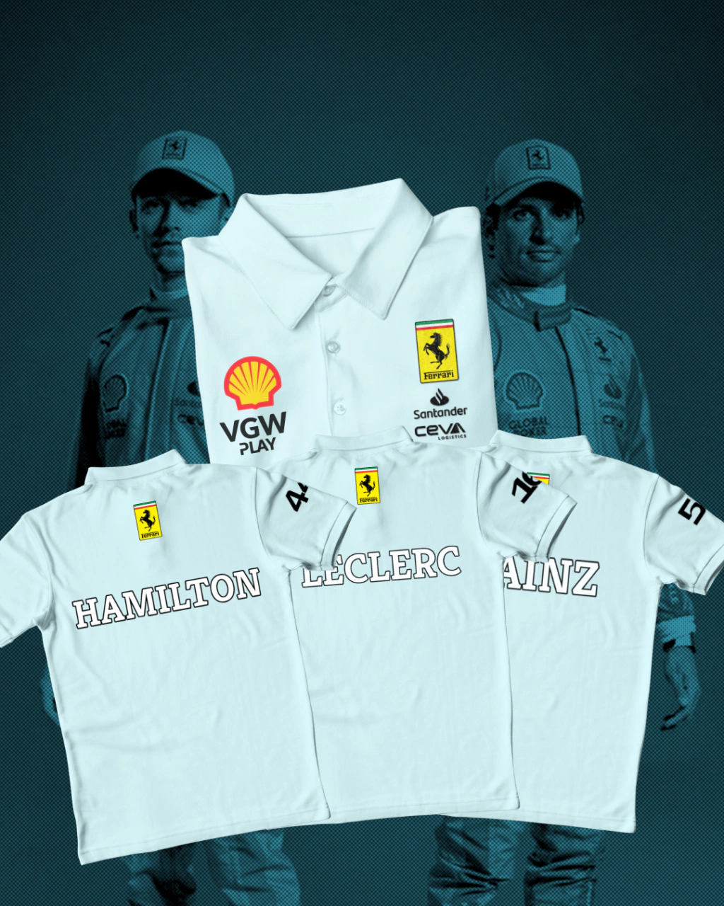 CAMISETA POLO SCUDERIA LECLERC, HAMILTON E SAINZ