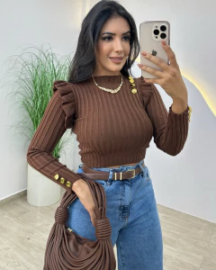 BLUSA TRICO BOTÃO RUBY marrom - comprar online