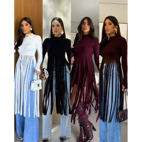 Dallas Blusa de Manga Comprida com Franjas Estilo Country em Viscolycra