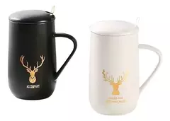 Taza Ceramica Ciervo Blanco Y Negro Con Cuchara Y Tapa