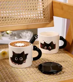 Taza Ceramica Gato Negro Con Cuchara Y Tapa en internet