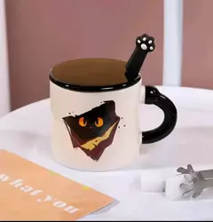 Taza Ceramica Gato Negro Con Cuchara Y Tapa - Blacklist