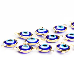 Pingente Olho Grego 10mm com 2 argolas Azul Banhado a Ouro - 100 Peças