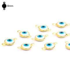 Pingente Olho Grego 8mm com 2 argolas Branco Banhado a Ouro - 100 Peças
