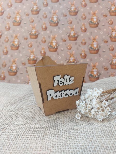 Cachepô Coelho Da Pascoa 12x12cm Mdf cru e Branco