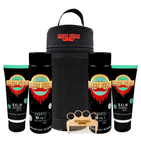 Kit Barba Rubra Necessaire, 2 Shampoo 3 em 1, 2 Balm de Barba e Pente Chaveiro