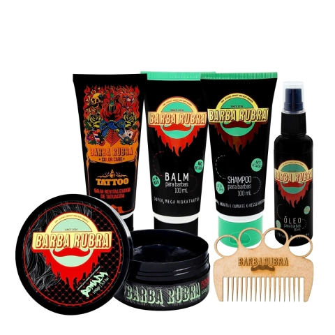 Kit Para Barba com Óleo 60ml, Shampoo 100ml, Balm 100ml, Pomada de Cabelo 100g, Balm Tatuagem 100ml e Pente Chaveiro