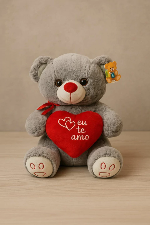 URSO DE PELÚCIA CINZA COM CORAÇÃO “EU TE AMO” ❤️ - comprar online