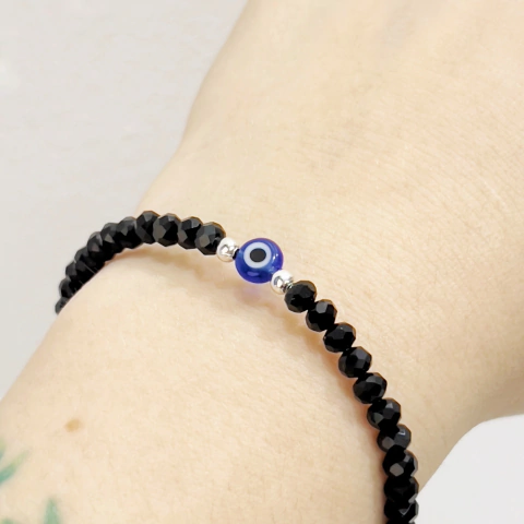 PULSERA PROTECCION CRISTAL CHECO DONA NEGRO PEQUEÑA Y OJO TURCO
