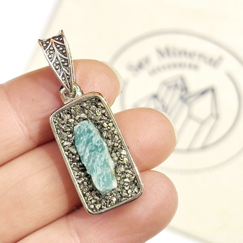 DIJE CAZUELA RECTANGULAR AMAZONITA Y PIRITA