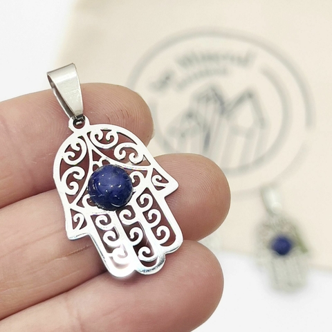 MANO DE HAMSA DE ACERO Y LAPISLAZULI