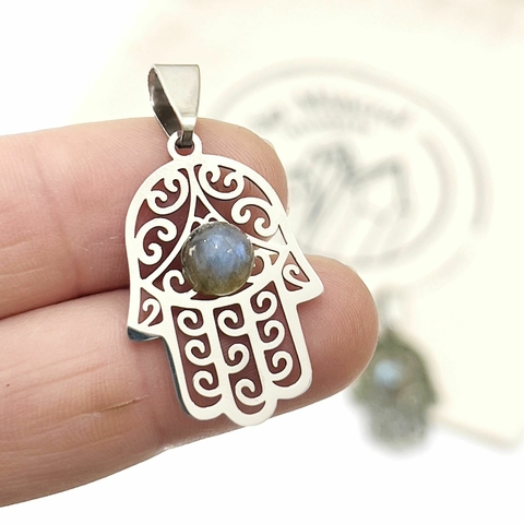 MANO DE HAMSA DE ACERO Y LABRADORITA
