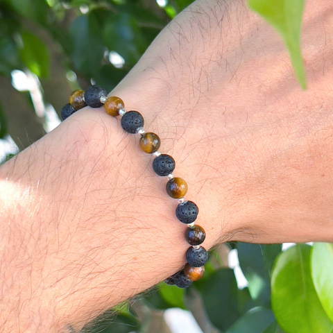 PULSERA ESFERA OJO DE TIGRE, LAVA VOLCANICA Y MOSTACILLAS PEQUEÑA