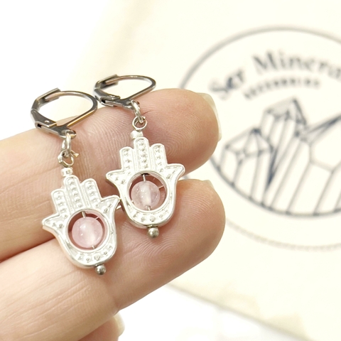 ARITOS MANO FATIMA CON ESFERA CUARZO ROSA