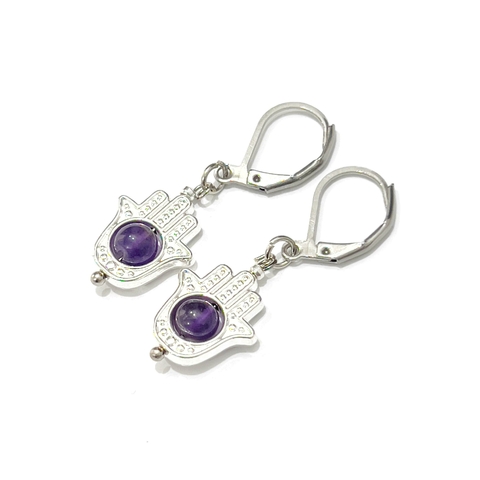 ARITOS MANO FATIMA CON ESFERA AMATISTA