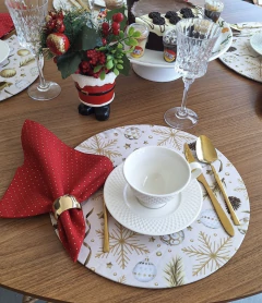 KIT CAPA SOUSPLAT NATALINO DOURADO + GUARDANAPO VERMELHO - 2 LUGARES - MADU HOUSE DECOR