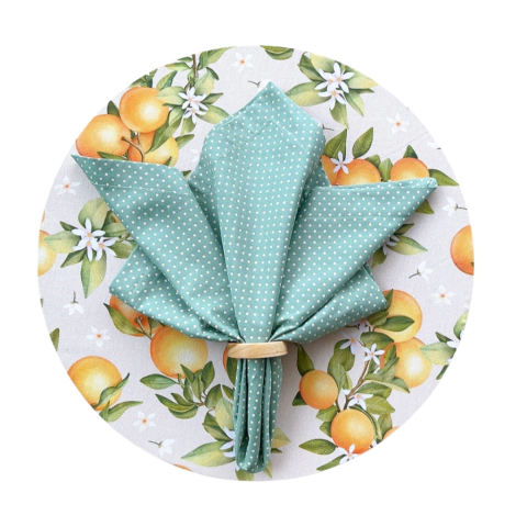 KIT CAPA SOUSPLAT ESTAMPADO LARANJA + GUARDANAPO POÁ VERDE MENTA - 2 LUGARES