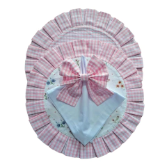 JOGO AMERICANO REDONDO DUPLA FACE FLORES/XADREZ ROSA + GUARDANAPO BRANCO - 2, 4 ou 6 LUGARES - MADU HOUSE DECOR