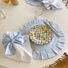 JOGO AMERICANO REDONDO DUPLA FACE FLORES/XADREZ AZUL + GUARDANAPO BRANCO - 2, 4 ou 6 LUGARES