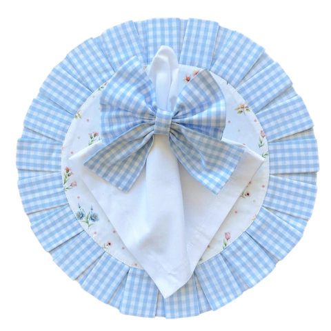 JOGO AMERICANO REDONDO DUPLA FACE FLORES/XADREZ AZUL + GUARDANAPO BRANCO - 2, 4 ou 6 LUGARES - comprar online