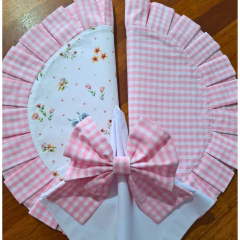 Imagem do JOGO AMERICANO REDONDO DUPLA FACE FLORES/XADREZ ROSA + GUARDANAPO BRANCO - 2, 4 ou 6 LUGARES