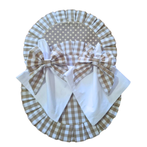 JOGO AMERICANO REDONDO DUPLA FACE XADREZ/POÁ CAQUI + GUARDANAPO BRANCO - 2, 4 ou 6 LUGARES - comprar online