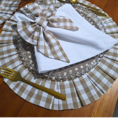 JOGO AMERICANO REDONDO DUPLA FACE XADREZ/POÁ CAQUI + GUARDANAPO BRANCO - 2, 4 ou 6 LUGARES - MADU HOUSE DECOR