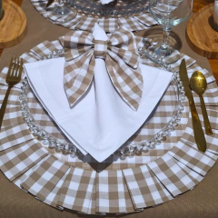 JOGO AMERICANO REDONDO DUPLA FACE XADREZ/POÁ CAQUI + GUARDANAPO BRANCO - 2, 4 ou 6 LUGARES - comprar online