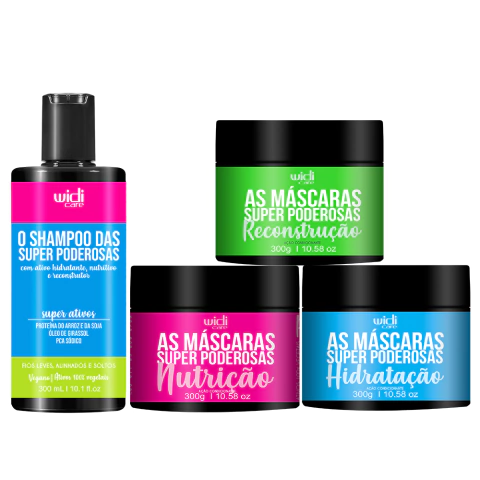 Kit Super Poderosas - Shampoo Hidratante 300ml + Máscara Hidratação 300g + Máscara Nutrição 300g + Máscara Reconstrução 300g Widi Care
