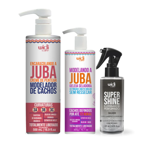 Kit Finalização Cabelos Cacheados Opacos - Encaracolando a Juba 500 ml + Geleia Juba 300g + Shine Iluminador Silver 120ml Widi Care
