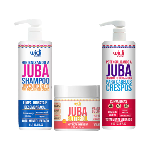 Kit Widi Care Juba com shampoo de 1 litro, máscara Butter Oil e gommage para cabelos crespos, ideal para nutrição e tratamento capilar.