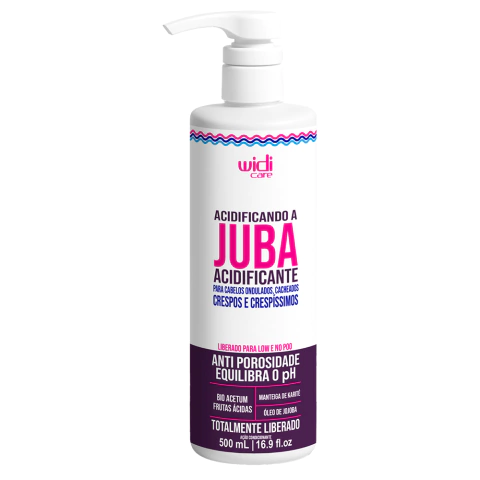 Acidificante Acidificando A Juba 500ml da Widi Care, indicado para cabelos ondulados, cacheados, crespos e quimicamente tratados.