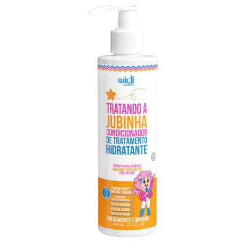 Condicionador Widi Care Jubinha de tratamento hidratante, embalagem de 300 ml com ilustração infantil e informações sobre fórmula vegana e ingredientes naturais.