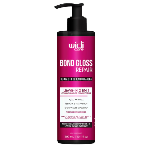 Leave-in Bond Gloss Repair 2 em 1 da Widi Care com 300 ml, indicado para reparar, condicionar e finalizar cabelos danificados.