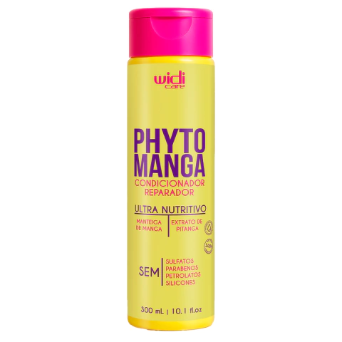 Condicionador Nutritivo Phytomanga 300ml da Widi Care em embalagem amarela com tampa rosa, indicado para todos os tipos de cabelo