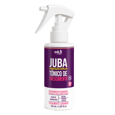 Tônico Capilar Juba Transição Crescimento 120ml da Widi Care para fortalecer a raiz e estimular o crescimento saudável dos cabelos cacheados, crespos, ondulados, tingidos ou quimicamente tratados.