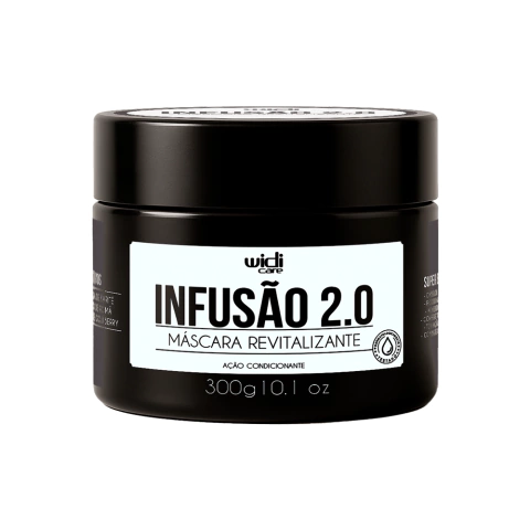 Máscara revitalizante Infusão 2.0 Widi Care 300g em embalagem preta, indicada para tratamento capilar.