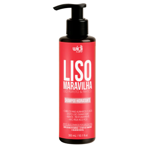 Shampoo hidratante Widi Care Liso Maravilha em embalagem vermelha de 300ml, indicado para cabelos lisos e alinhados.