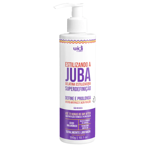 Gelatina Widi Care Juba Estilizando a Juba Super Definição 300g com rótulo em destaque.