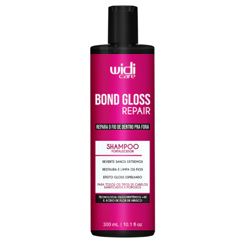 Shampoo Bond Gloss Repair Fortalecedor Widi Care 300 ml para cabelos danificados, embalagem rosa com tampa preta.