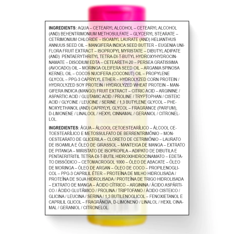 Rótulo do Condicionador Nutritivo Phytomanga 300ml da Widi Care em embalagem amarela com tampa rosa, indicado para todos os tipos de cabelo