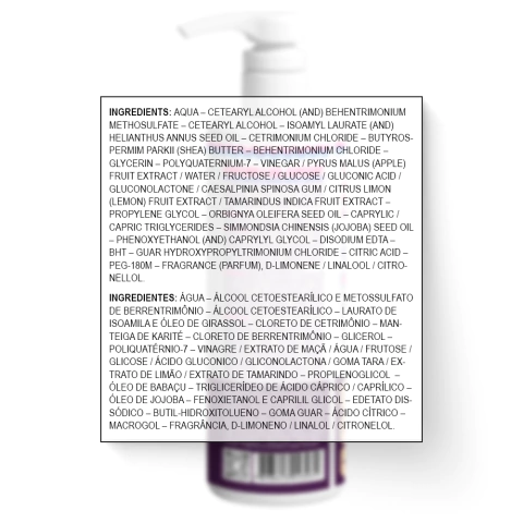 Lista de ingredientes do Kit Juba Antiporosidade Acidificante + Butter Oil Antiporosidade 500g da Widi Care, apresentada em inglês e português.