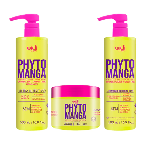 Kit Widi Care Phytomanga com shampoo para curvaturas, máscara ultra nutritiva de 300g e creme de pentear leve, indicado para cabelos ondulados, cacheados e crespos.