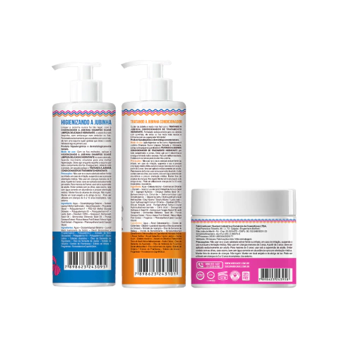 Verso do Kit Widi Care Jubinha com shampoo, condicionador e máscara de tratamento para cabelos cacheados, crespos e ondulados